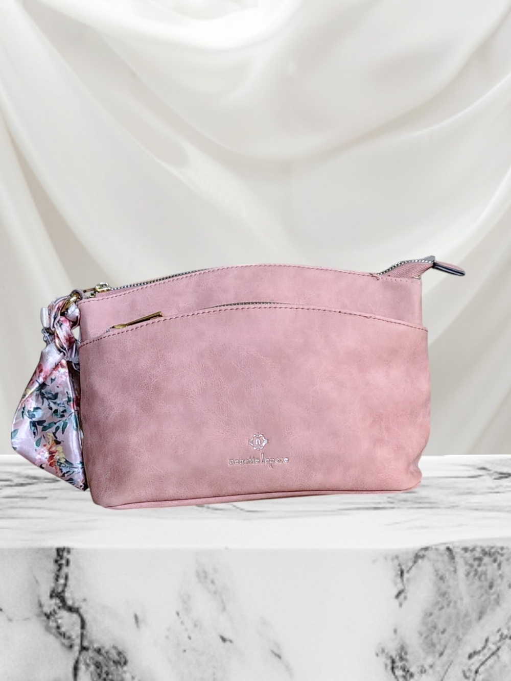 Nanette Lepore Pink Faux-Leather Cosmetic Pouch with Floral Scarf